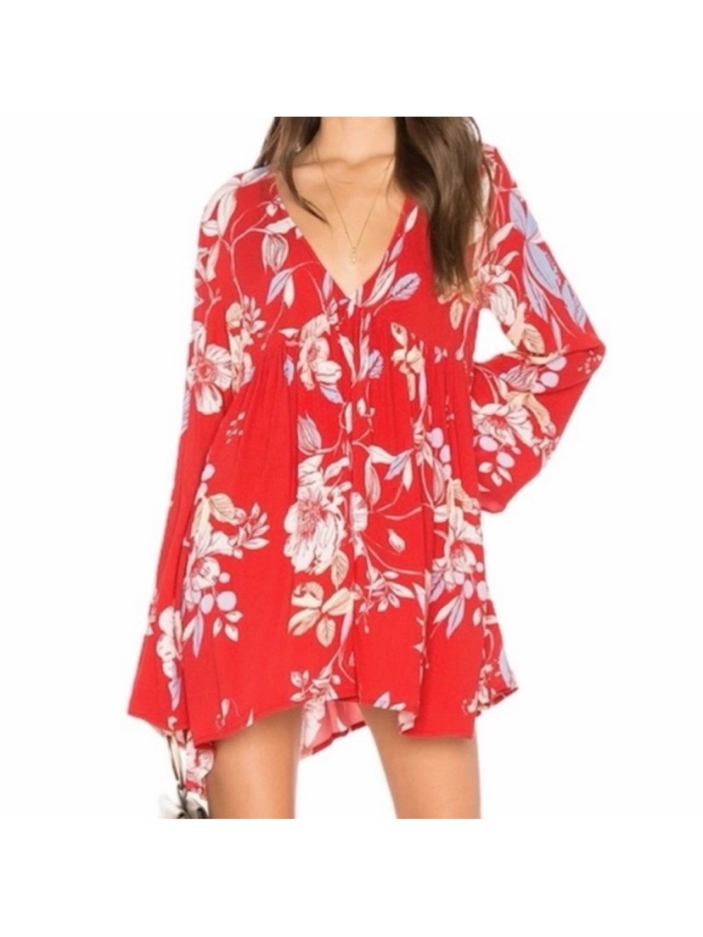 Free People Red Floral V-Neck Flowing Babydoll Tunic